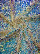 Sword Shaped Sequins - Aqua Iridescent - Hanging Iridescent Sequins On Mesh Fabric By Yard