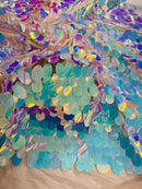 Oval Jumbo Paillette Sequins - Aqua Iridescent - Big Oval Paillette Sequins Design Fabric By Yard