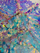 Oval Jumbo Paillette Sequins - Aqua Iridescent - Big Oval Paillette Sequins Design Fabric By Yard