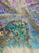 Sword Shaped Sequins - Aqua Iridescent - Hanging Iridescent Sequins On Mesh Fabric By Yard