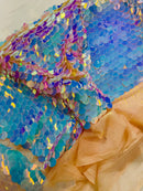 Circle Paillette Sequins - Iridescent Aqua on Nude - Large Round Paillette Sequins Design Fabric By Yard