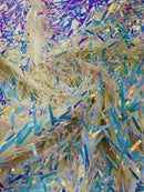 Sword Shaped Sequins - Aqua Iridescent - Hanging Iridescent Sequins On Mesh Fabric By Yard