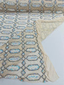 Geometric Stretch Sequin - Aqua Iridescent on Off-White - Fancy Gem Design on Mesh By Yard