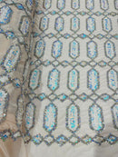 Geometric Stretch Sequin - Aqua Iridescent on Off-White - Fancy Gem Design on Mesh By Yard