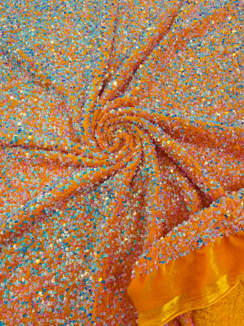 58/60" Velvet Sequins Stretch Fabric - Aqua Iridescent on Orange - Velvet Sequins 2 Way Stretch Sold By Yard