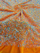 58/60" Velvet Sequins Stretch Fabric - Aqua Iridescent on Orange - Velvet Sequins 2 Way Stretch Sold By Yard