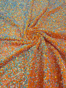 58/60" Velvet Sequins Stretch Fabric - Aqua Iridescent on Orange - Velvet Sequins 2 Way Stretch Sold By Yard