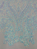 Big Damask Sequins - Aqua Iridescent on White Mesh - Damask Sequin Design on 4 Way Stretch Fabric By Yard