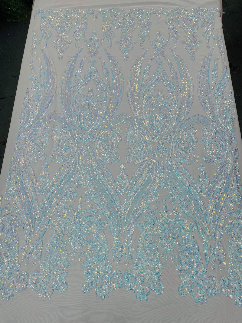 Big Damask Sequins - Aqua Iridescent on White Mesh - Damask Sequin Design on 4 Way Stretch Fabric By Yard