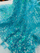 Sword Shaped Sequins - Aqua Mint - Hanging Iridescent Sequins On Mesh Fabric By Yard