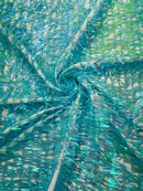 Sword Shaped Sequins - Aqua Mint - Hanging Iridescent Sequins On Mesh Fabric By Yard
