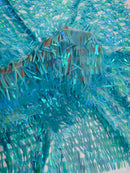 Sword Shaped Sequins - Aqua Mint - Hanging Iridescent Sequins On Mesh Fabric By Yard