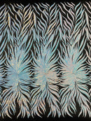Feather Wings Sequins - Aqua on Black - 4 Way Stretch Embroidered Wings Sequin By Yard