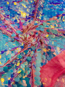 Oval Jumbo Paillette Sequins - Aqua on Fuchsia - Big Oval Paillette Sequins Design Fabric By Yard