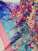 Oval Jumbo Paillette Sequins - Aqua on Fuchsia - Big Oval Paillette Sequins Design Fabric By Yard
