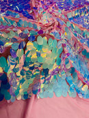 Oval Jumbo Paillette Sequins - Aqua on Fuchsia - Big Oval Paillette Sequins Design Fabric By Yard