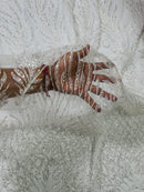 Beaded Embroidered Fabric - Crear White - Embroidered Heart and Feather Pattern Fabric By Yard