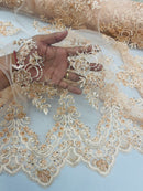 Beaded Fabric Sold By The Yard, Floral Beads and Sequins Embroidered on a Mesh