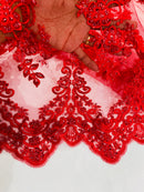 Red Beaded Fabric - Floral Beads and Sequins Embroidered on a Mesh Sold By Yard