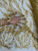 Gold Beaded Fabric by the yard, Bridal beaded, Damask Pattern With Beads and Sequin