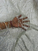 Beaded Embroidered Fabric - Silver - Embroidered Pattern Fabric By Yard