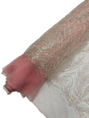 Clear Beaded Fabric Pink Mesh by the yard, Bridal beaded Damask With Beads and Sequin