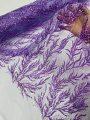 Lilac Beaded Fabric by the yard, Bridal beaded, Damask Pattern With Beads and Sequin