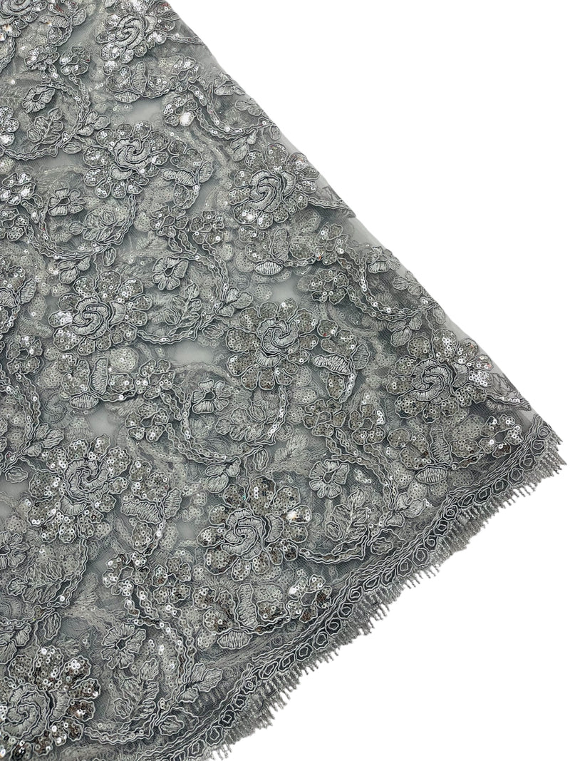 Corded Lace Flower Fabric - Silver - Floral Design Embroidered Sequins on Mesh Lace Fabric