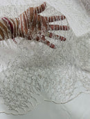 Beaded Embroidered Fabric - Crear White - Embroidered Heart and Feather Pattern Fabric By Yard