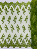 Olive Beaded Fabric - Floral Beads and Sequins Embroidered on a Mesh Sold By Yard