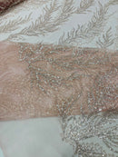 Clear Beaded Fabric Pink Mesh by the yard, Bridal beaded Damask With Beads and Sequin
