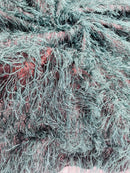 Metallic Fringe Eyelash / Feather - Baby Blue on Black - Embroidered Fabric with Hanging Details 2 Way Stretch By Yard