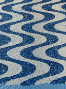 Wavy Line Design Velvet Sequins - Baby Blue / White - Velvet Sequins Fabric 2 Way Stretch 58"- 60" By Yard