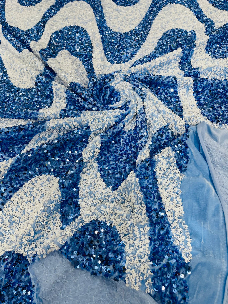Wavy Line Design Velvet Sequins - Baby Blue / White - Velvet Sequins Fabric 2 Way Stretch 58"- 60" By Yard