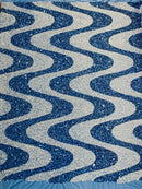 Wavy Line Design Velvet Sequins - Baby Blue / White - Velvet Sequins Fabric 2 Way Stretch 58"- 60" By Yard