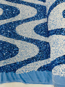 Wavy Line Design Velvet Sequins - Baby Blue / White - Velvet Sequins Fabric 2 Way Stretch 58"- 60" By Yard