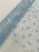 3D Butterfly Sequins Bead Fabric - Baby Blue -  Sequins Butterfly Embroidered Beaded Fabric By Yard