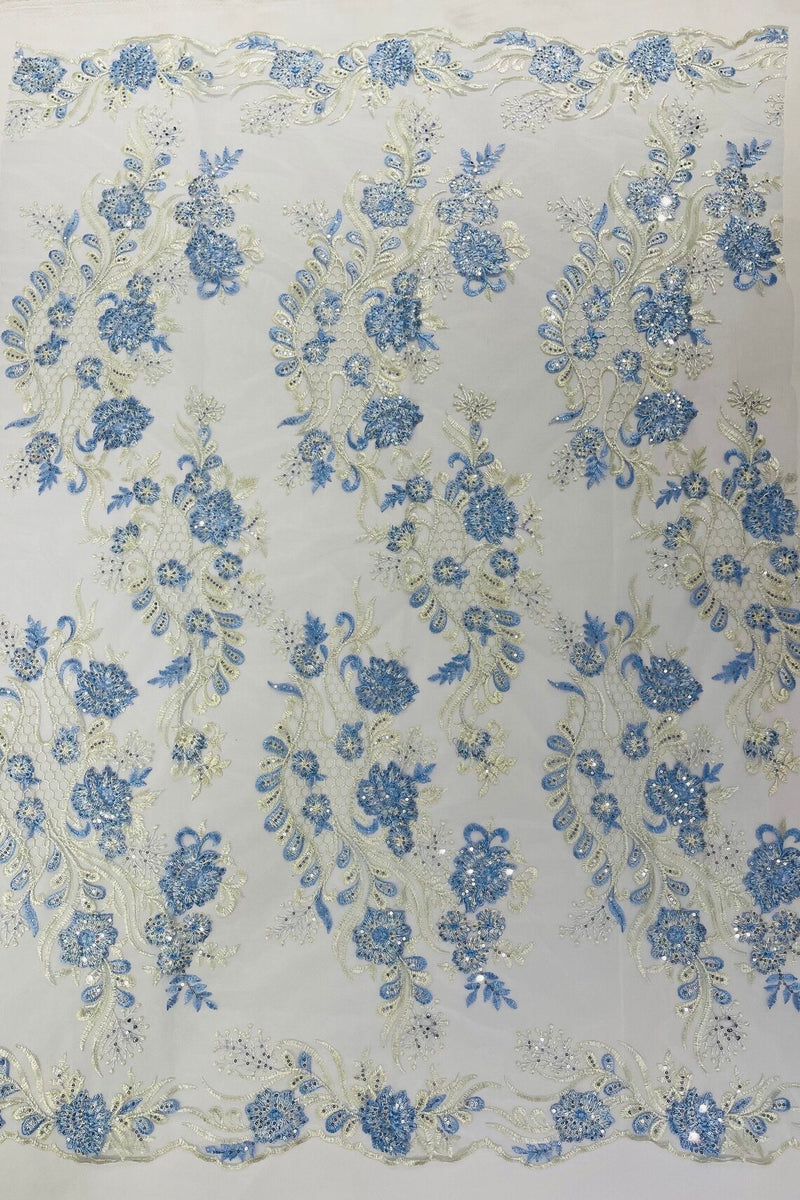 Two Tone Lace Floral Fabric - Baby Blue - Flower and Fish Designs Corded on Sequins Lace By Yard