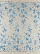 Floral 3D Pearl Fabric - Baby Blue - Embroidered Double Border Flower Design Pearl Fabric By Yard