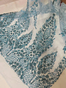 Fancy Rhinestone Glitter Fabric - Baby Blue - Embroidered Damask Design Glitter Mesh Fabric by Yard