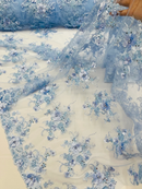 3D Flower Pearl Design - Baby Blue - Embroidered Sequins Floral Clusters Lace Fabric By Yard