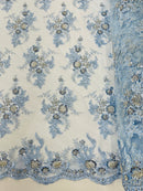 Beaded Sequins Floral Fabric - Baby Blue - Embroidered Beaded Floral Clusters Sequins Fabric By Yard