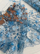 3D Glitter Floral Fabric - Baby Blue - Glitter Sequin Flower Design on Lace Mesh Fabric by Yard