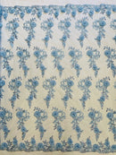 3D Floral Cluster with Border Lace - Baby Blue - Flower with Leaves Design 3D Fabrics Sold By Yard