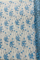 3D Floral Glitter Fabric - Baby Blue - 3D Sequins and Glitter Floral Design on Mesh Sold By Yard