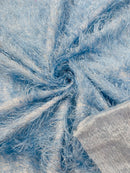Metallic Fringe Eyelash / Feather - Baby Blue - Embroidered Fabric with Hanging Details 2 Way Stretch By Yard