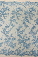 Floral Two Tone Lace Fabric - Baby Blue - Sequins Embroidery Floral Lace Fabric Sold By Yard