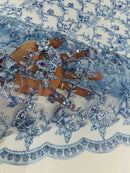 Metallic Floral Butterfly Fabric - Baby Blue - Embroidered Floral Butterfly Design Mesh Fabric by Yard