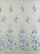 Floral 3D Pearl Fabric - Baby Blue - Embroidered Single Border Flower Design Pearl Fabric By Yard