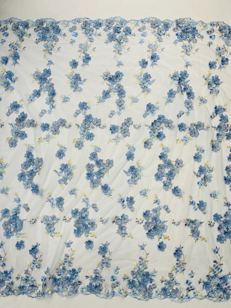 3D Multi-Color Flower Lace - Baby Blue - Flower Leaf 3D Multi-Tone Fabrics Sold By Yard